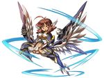  ahoge bandages breasts brown_hair cameltoe claws covered_nipples cyborg feathered_wings feathers flying full_body harpy head_wings key-chang large_breasts mechanical_legs mechanical_wings monster_girl navel open_mouth original red_eyes scar simple_background slit_pupils solo white_background wings 