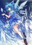  alternate_hair_length alternate_hairstyle bad_id bad_pixiv_id blue_background blue_eyes blue_hair bobby_socks bow cirno dress from_behind full_body hair_bow highres ice ice_wings long_hair looking_at_viewer looking_back neck_ribbon pico_(picollector79) ponytail puffy_short_sleeves puffy_sleeves ribbon shoes short_sleeves socks solo touhou wings wristband 