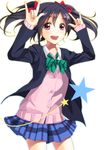  \m/ absurdres bad_id bad_pixiv_id black_hair blazer blush bow bowtie double_\m/ hair_bow highres jacket long_sleeves looking_at_viewer love_live! love_live!_school_idol_project nico_nico_nii open_clothes open_mouth otonokizaka_school_uniform pine_(yellowpine112) pleated_skirt red_eyes school_uniform shirt skirt smile solo standing twintails white_background white_shirt yazawa_nico 