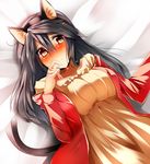  alternate_costume animal_ears bed_sheet blush breasts brown_eyes casual cat_ears cat_tail choker commentary_request dress fake_animal_ears grey_hair hair_ornament hairclip haruna_(kantai_collection) highres kantai_collection kemonomimi_mode large_breasts long_hair looking_at_viewer lying on_back solo sweat tail tsukui_kachou 