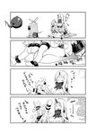  4koma ahoge claws comic greyscale highres horn horns iwami_shouko kantai_collection long_hair mittens monochrome multiple_girls northern_ocean_hime seaport_hime shinkaisei-kan sitting sitting_on_person translated watching_television 