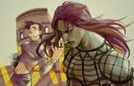  diavolo freckles jojo_no_kimyou_na_bouken kilva_lollop long_hair male_focus midriff multiple_boys phone pink_hair purple_hair vinegar_doppio 