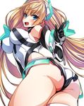  absurdres angela_balzac ass blonde_hair blue_eyes blush breasts covered_navel covered_nipples deva_battle_suit from_behind headgear highres impossible_clothes impossible_leotard k6 large_breasts leotard long_hair looking_back open_mouth rakuen_tsuihou simple_background solo twintails very_long_hair white_background 