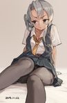  arm_support asymmetrical_hair dated grey_eyes grey_hair grey_legwear kantai_collection long_hair necktie nowaki_(kantai_collection) pantyhose school_uniform silver_hair sitting skirt solo thighband_pantyhose toro_(konirio) vest yellow_neckwear 