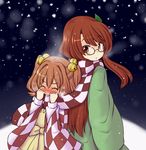  back-to-back bell blush brown_eyes brown_hair closed_eyes futatsuiwa_mamizou futatsuiwa_mamizou_(human) glasses hair_bell hair_ornament japanese_clothes kimono leaf leaf_on_head long_hair long_sleeves motoori_kosuzu multiple_girls pince-nez scarf scarf_over_mouth shared_scarf snowing tanasuke touhou two_side_up very_long_hair wide_sleeves 
