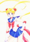  acrylic_paint_(medium) back_bow bangs bishoujo_senshi_sailor_moon blonde_hair blue_eyes blue_sailor_collar bow choker circlet cowboy_shot earrings elbow_gloves enon+0+ floating_hair gloves hair_ornament ink_(medium) jewelry long_hair nib_pen_(medium) parted_bangs parted_lips pleated_skirt pose red_bow red_choker sailor_collar sailor_moon sailor_senshi_uniform sideways_glance skirt smile solo traditional_media tsukino_usagi twintails very_long_hair white_background white_gloves 