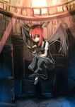  book crossed_legs hashiro head_wings highres koakuma reading red_eyes red_hair short_hair sitting sitting_on_object touhou wings 