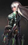  armor ass banned_artist blade bodysuit braid breasts dark_eldar dual_wielding eldar gun handgun highres holding large_breasts lips long_hair nose pointy_ears red_eyes side_braid solo spikes tight warhammer_40k weapon white_hair yinan_cui 