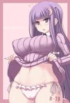  blush breasts cover cover_page crescent doujin_cover frilled_panties frills jema large_breasts long_hair navel no_pants panties patchouli_knowledge pink_panties purple_eyes purple_hair shirt_lift side-tie_panties solo sweater touhou underwear 