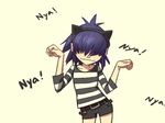  a-ka animal_ears belt cat_ears contrapposto cowboy_shot dancing gorillaz hair_over_eyes headband light_smile noodle_(gorillaz) nyan paw_pose purple_hair shirt short_hair short_shorts shorts simple_background solo standing striped striped_shirt thigh_gap 