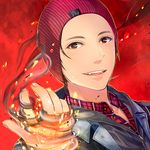  beanie brown_eyes delsin_rowe forehead hat infamous infamous_second_son looking_at_viewer lowres male_focus open_mouth red_background ritsu_(0015-xxxlxxxr) smoke solo 