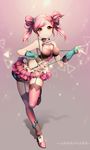  artist_name bad_id bad_pixiv_id bow breasts cleavage fingerless_gloves garter_straps gloves hair_bow highres looking_at_viewer medium_breasts ng_(kimjae737) orange_eyes original pink_hair pink_legwear short_hair skirt smile solo thigh_gap thighhighs watermark 