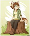  2017 5_fingers anthro aseethe brown_hair canine clothed clothing digital_media_(artwork) female fox grass green_eyes green_nose hair mammal sitting smile solo 