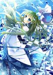  ahoge blue_eyes bubble detached_sleeves frog_hair_ornament green_hair hair_ornament kochiya_sanae long_hair looking_at_viewer looking_back mochizuki_shiina open_mouth snake_hair_ornament solo submerged touhou underwater water 