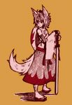  animal_ears bare_shoulders detached_sleeves groin hat inubashiri_momiji looking_back midriff orange_background pom_pom_(clothes) red_eyes ribbon-trimmed_sleeves ribbon_trim shield short_hair signature simple_background solo sword tail tokin_hat touhou weapon wolf_ears wolf_tail xkaishaku 