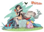  apple black_hair boots bug butterfly cloak copyright_name eating food fruit gen_3_pokemon higana_(pokemon) insect morino_hon pokemon pokemon_(creature) pokemon_(game) pokemon_oras red_eyes red_wings salamence sandals short_hair shorts smile toeless_boots whismur wings 