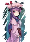 blush book bow hair_bow hashiro hat hat_ribbon highres holding holding_book long_hair long_sleeves patchouli_knowledge purple_eyes purple_hair ribbon touhou 