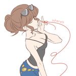  1girl bare_shoulders beauty_(pokemon) breasts brown_hair cleavage female glasses glasses_on_head looking_at_viewer npc_trainer pixiv_manga_sample pokemon pokemon_(game) pokemon_xy red_string solo string 