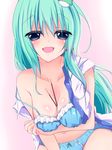  aqua_eyes aqua_hair asn_s between_breasts blue_bra blue_panties blush bow bow_panties bra breast_hold breasts cleavage collarbone food frilled_bra frilled_panties frills frog_hair_ornament gradient gradient_background hair_ornament highres kochiya_sanae large_breasts long_hair looking_at_viewer navel off_shoulder open_mouth panties pink_background pocky ribbon-trimmed_bra smile solo strap_slip touhou underwear upper_body very_long_hair 