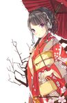  absurdres black_hair blush headphones highres japanese_clothes kimono looking_at_viewer original purple_eyes shirohina solo 