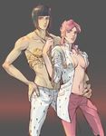  1girl black_hair bob_cut breasts bruno_buccellati cleavage highres jacket jojo_no_kimyou_na_bouken large_breasts open_clothes open_jacket pants pink_hair shicewlysml shirtless short_hair trish_una 