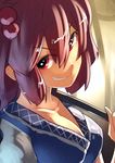  &gt;:) breasts cleavage collarbone grin hair_bobbles hair_ornament handle hashiro looking_at_viewer medium_breasts onozuka_komachi red_eyes red_hair smile touhou v-shaped_eyebrows 
