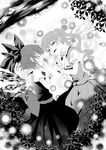  bad_id bad_pixiv_id bow cirno daiyousei danmaku dress greyscale hair_bow hair_ribbon highres ice ice_wings kaito_(kaixm) laughing monochrome multiple_girls open_mouth ribbon short_hair side_ponytail smile touhou wings 