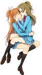  aria_gakuen_school_uniform blue_eyes blush brown_hair closed_eyes hair_ribbon hands_on_another's_face heart highres houjou_hibiki imminent_kiss kneehighs loafers long_hair looking_at_another minamino_kanade minatsuki_randoseru multiple_girls orange_hair precure ribbon school_uniform shoes simple_background sitting sitting_on_person skirt suite_precure two_side_up very_long_hair white_background yuri 
