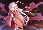  dress hair_bobbles hair_ornament hands hands_clasped koxo-01 long_hair long_sleeves looking_at_viewer multiple_wings own_hands_together purple_wings red_dress red_eyes ribbon shinki side_ponytail silver_hair solo touhou touhou_(pc-98) wide_sleeves wings 