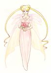  alternate_costume bishoujo_senshi_sailor_moon blonde_hair blue_eyes cape crescent double_bun dress enon+0+ facial_mark flower forehead_mark full_body holding jewelry long_dress long_hair necklace pink_dress princess_serenity red_flower red_rose rose solo tsukino_usagi twintails very_long_hair white_background white_dress 