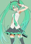  :d arm_up bare_shoulders blush cowboy_shot green_background green_eyes green_hair hatsune_miku long_hair necktie open_mouth skirt smile solo tanaka_masayoshi thighhighs twintails very_long_hair vocaloid wrist_cuffs 