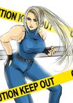  bare_shoulders blonde_hair bodysuit breasts caution_tape fingerless_gloves gloves green_eyes halterneck hand_on_hip hayame_(m_ayame) highres keep_out large_breasts lips long_hair ponytail sarah_bryant solo virtua_fighter 