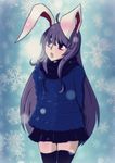  :o ahoge animal_ears black_legwear black_scarf black_skirt breath bunny_ears coat cowboy_shot lavender_hair long_hair long_sleeves looking_up miniskirt open_mouth pleated_skirt red_eyes reisen_udongein_inaba scarf skirt snow solo standing thighhighs touhou winter_clothes winter_coat xkaishaku zettai_ryouiki 