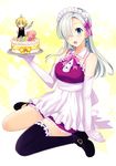  1girl alternate_costume arm_support bad_id bad_pixiv_id bare_shoulders black_legwear blue_eyes blush cake earrings elbow_gloves elizabeth_liones enmaided food gloves hair_over_one_eye hawk_(nanatsu_no_taizai) jewelry long_hair maid maid_headdress mary_janes meliodas miniboy nanatsu_no_taizai saikawa_yusa shoes silver_hair single_thighhigh sitting skirt thighhighs wariza white_gloves 