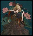  adapted_costume alternate_costume blonde_hair bow brown_eyes bug corset dress fangs fingernails flower hair_bow hoshi_nawoki kurodani_yamame long_fingernails lotus ponytail ribbon short_hair solo spider spider_legs touhou wide_sleeves 