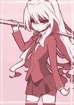  1girl aisaka_taiga bokken cowboy_shot flat_chest highres long_hair looking_at_viewer monochrome over_shoulder pink school_uniform skirt solo sword tanaka_masayoshi thighhighs toradora! weapon weapon_over_shoulder wooden_sword zettai_ryouiki 