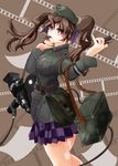  alternate_costume armband bag brown_hair camera checkered checkered_skirt commentary film_strip german handbag hat highres himekaidou_hatate iron_cross long_hair military military_uniform nama_shirasu paper pen red_eyes skirt smile solo tokin_hat touhou twintails uniform video_camera world_war_ii 