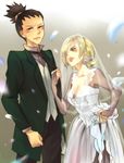  1girl black_hair blonde_hair blush bridal_veil bride couple dress formal groom hetero lan.c long_hair nara_shikamaru naruto naruto_(series) petals ponytail temari veil wedding wedding_dress yellow_eyes 