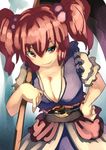  breasts cleavage grin hair_bobbles hair_ornament hand_on_hip hashiro highres large_breasts onozuka_komachi puffy_short_sleeves puffy_sleeves red_eyes red_hair scythe short_sleeves smile touhou two_side_up 