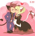  1girl animal_ears beatrice black_battler blonde_hair bow cat_ears cat_tail cheek_kiss closed_eyes dress hair_bun hands_in_pockets kemonomimi_mode kiss one_eye_closed red_eyes red_hair revision sousui_hani tail umineko_no_naku_koro_ni ushiromiya_battler 