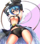  arms_up bad_id bad_pixiv_id belt black_flower black_gloves black_rose blue_hair breasts choker elbow_gloves flower from_below gloves green_eyes hair_flower hair_ornament magical_flowers magical_girl matokechi medium_breasts navel_cutout revealing_clothes rose rose_black short_hair short_shorts shorts solo underboob whip 