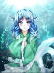  animal_ears blue_eyes blue_hair bubble fish head_fins japanese_clothes kimono long_sleeves mermaid mirin monster_girl obi open_mouth sash seaweed short_hair smile solo touhou underwater wakasagihime water wide_sleeves 