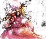  alternate_hair_length alternate_hairstyle ascot bad_id bad_pixiv_id blonde_hair bow dress fingernails flandre_scarlet grin hat hat_over_eyes long_hair outstretched_arm ribbon sketch smile solo touhou wings yuxyon 
