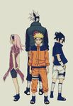  3boys absurdres black_eyes black_hair blonde_hair blue_eyes forehead_protector green_eyes haruno_sakura hatake_kakashi headband highres i-rihi multiple_boys naruto naruto_(series) pink_hair short_hair silver_hair spiked_hair team7 uchiha_sasuke uzumaki_naruto 