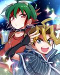  :d blonde_hair blue_eyes capelet choker green_hair jacket japanese_clothes jewelry male_focus miyukiyo multicolored_hair multiple_boys open_mouth pendant red_eyes red_hair sakaki_yuuya sawatari_shingo smile sparkle sweatdrop yuu-gi-ou yuu-gi-ou_arc-v 