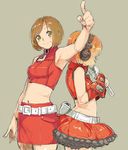  back-to-back bangs breasts brown_background brown_eyes brown_hair bubble_skirt commentary_request daigoman dual_persona gloves halter_top halterneck headphones highres index_finger_raised meiko microphone midriff multiple_girls navel orange_hair pencil_skirt red_gloves sakine_meiko short_hair skirt sleeveless small_breasts smile standing swept_bangs vocaloid zipper 