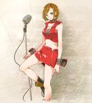  ankle_boots boots breasts brown_eyes brown_hair cleavage crop_top daigoman detached_collar earrings jewelry large_breasts leg_up meiko microphone microphone_stand midriff pencil_skirt short_hair skirt sleeveless smile solo vocaloid wrist_cuffs 