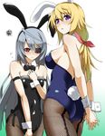 animal_ears arm_strap arms_behind_back ass bare_arms bare_shoulders black_legwear black_leotard blonde_hair blue_leotard breasts bunny_ears bunny_girl bunny_tail bunnysuit charlotte_dunois eyepatch fake_animal_ears fishnet_pantyhose fishnets flying_sweatdrops hair_ribbon highres infinite_stratos large_breasts laura_bodewig leotard long_hair mattari_yufi multiple_girls open_mouth pantyhose ponytail purple_eyes red_eyes ribbon silver_hair squiggle tail very_long_hair wrist_cuffs 