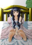  2014 ahoge bare_shoulders barefoot bed bed_sheet black_hair breasts cleavage collarbone dated drooling drowsy feet foreshortening green_eyes hair_ornament hair_tie hairclip highres long_hair looking_at_viewer messy_hair mole mole_under_eye nail_polish off_shoulder okenokoneko on_bed open_mouth original pajamas pillow plant signature sitting sleepy soles solo toes twintails unmoving_pattern v_arms 