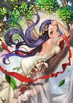  back backless_dress backless_outfit dress green_eyes hair_ornament jewelry leaf long_hair lying on_stomach original purple_hair see-through solo soojie_roh tree 